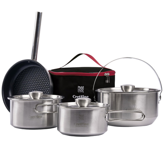 CretFine EssentialKit Camping Cookware Set Stainless Steel Pots and Pan with Detachable Handle and Oxford Cloth Bag for 4-8, Perfect for Openfire Camp Kitchen, Picnic, BBQ, Traveling, Emergency