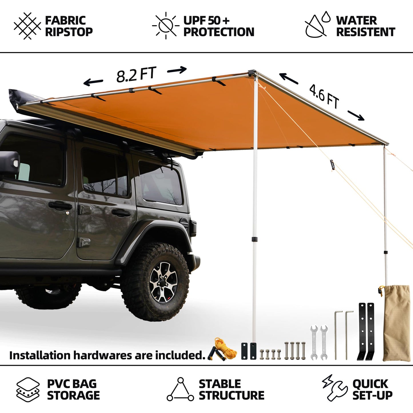 SAMOUT Vehicle Awning, 4.6ft x 8.2ft, Rooftop Pullout Ripstop UPF50+ Side Awning, Reinforced Hinges & Poles for Jeep/SUV/Truck/Van