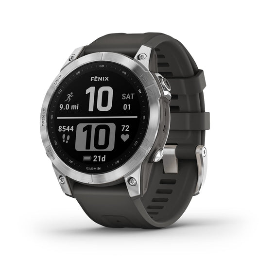 Garmin Fenix 7, Adventure smartwatch, Rugged Outdoor Watch with GPS, Touchscreen, Health and Wellness Features, Silver with Graphite Band - 010-02540-00