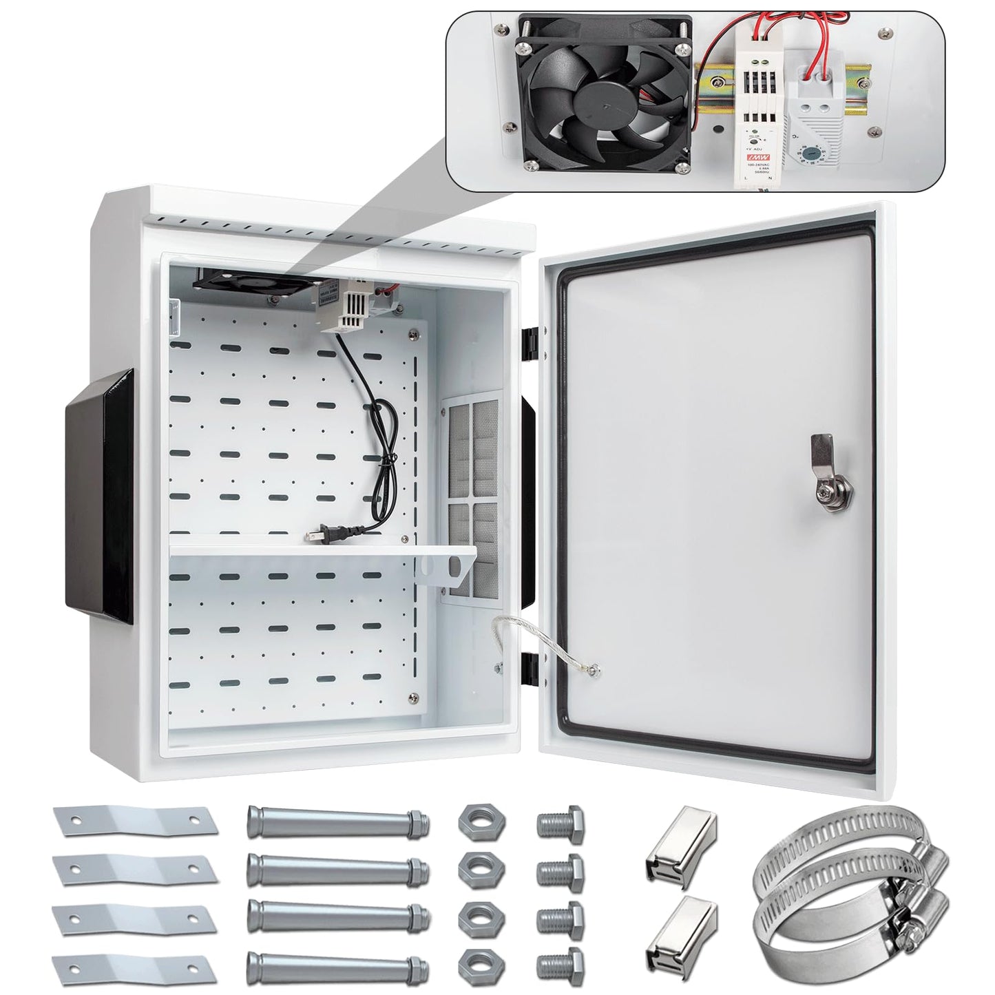 Outdoor Electrical Box with Thermostat and Fan, Cold-Rolled Steel Plate, Aluminum Alloy Back Beam, One-Piece Ventilation Design, IP65 Waterproof, Wall/Pole Mounted. (19.6" x 15.7" x 7.9")