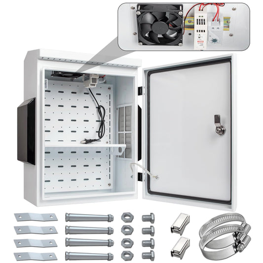 Outdoor Electrical Box with Thermostat and Fan, Cold-Rolled Steel Plate, Aluminum Alloy Back Beam, One-Piece Ventilation Design, IP65 Waterproof, Wall/Pole Mounted. (19.6" x 15.7" x 7.9")