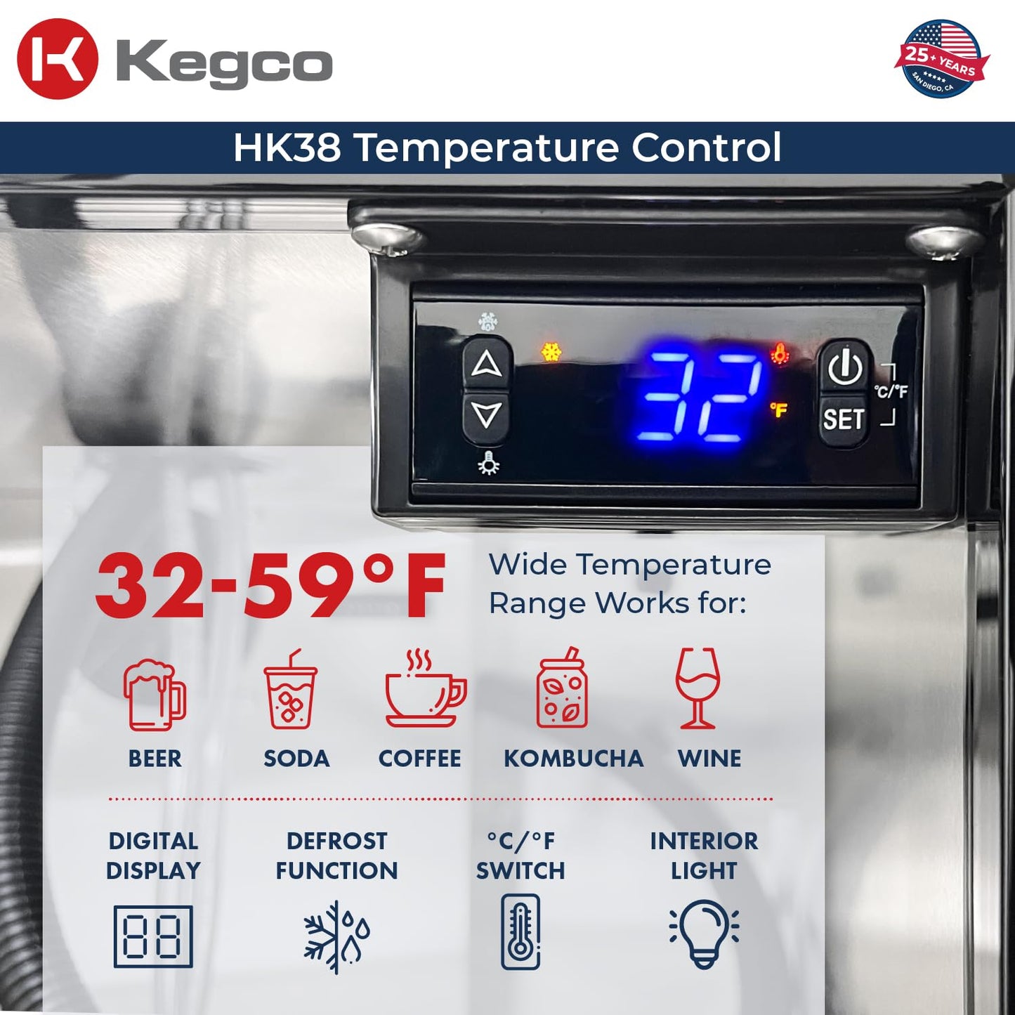 Kegco Kegerator 24" Wide Dual Tap Black/Stainless Steel Undercounter Beer Dispenser HK38BSU-2