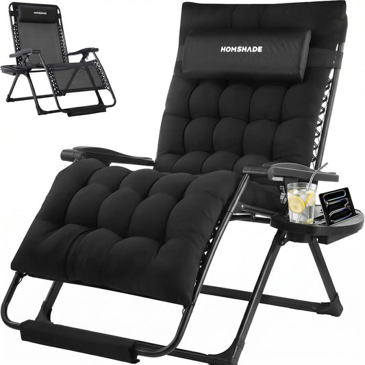 HOMSHADE Oversized Zero Gravity Chair, 33In XXL Outdoor Recliner Chair w/Removable Cushion&Headrest, Reclining Patio Chairs for Indoor, Camping Lounge Chair with Footrest, Support 500LBS, Black