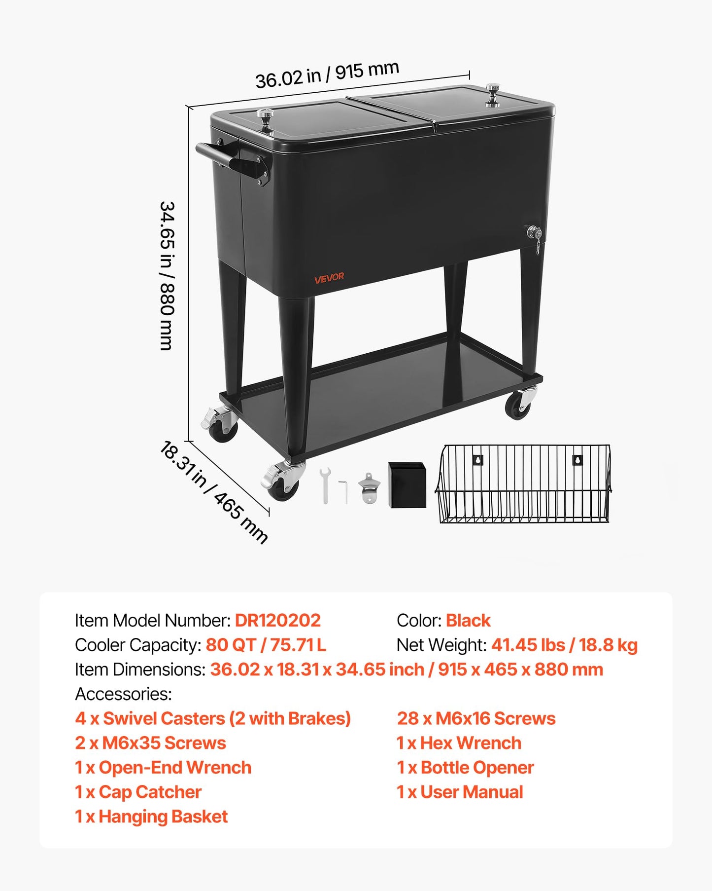 VEVOR 80 Quart Rolling Ice Chest, Holds up to 50 Bottles / 110 Cans, Portable Patio Party Bar Drink Cooler Cart with Bottom Shelf, Beverage Pool with Side Basket and Bottle Opener, Black