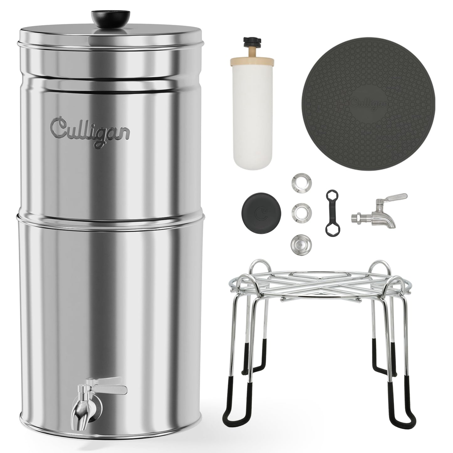 Culligan MaxClear 3 Gallon Gravity Water Filter System, Polished Stainless-Steel Countertop Water Filter NSF/ANSI Certified to Reduce Microplastics, Lead & Total PFAS, with 3 Ceramic Filters