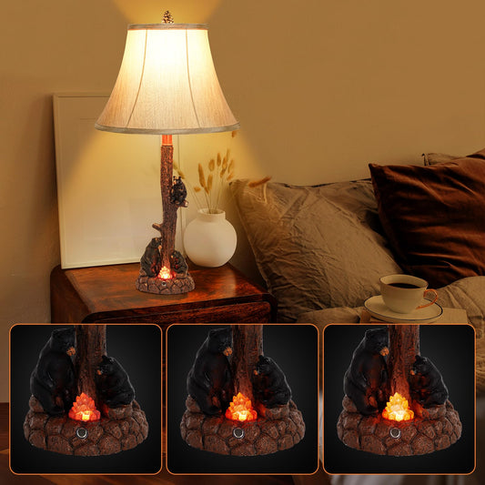 Rustic Bear Table Lamp with Campfire Nightlight, 3-Bear Resin Tree Bedside Lamp with USB & Type-C Ports, Touch Control Wildlife Table Lamp for Bedroom, Living Room, Cabin Decor, Faux Parchment Shad