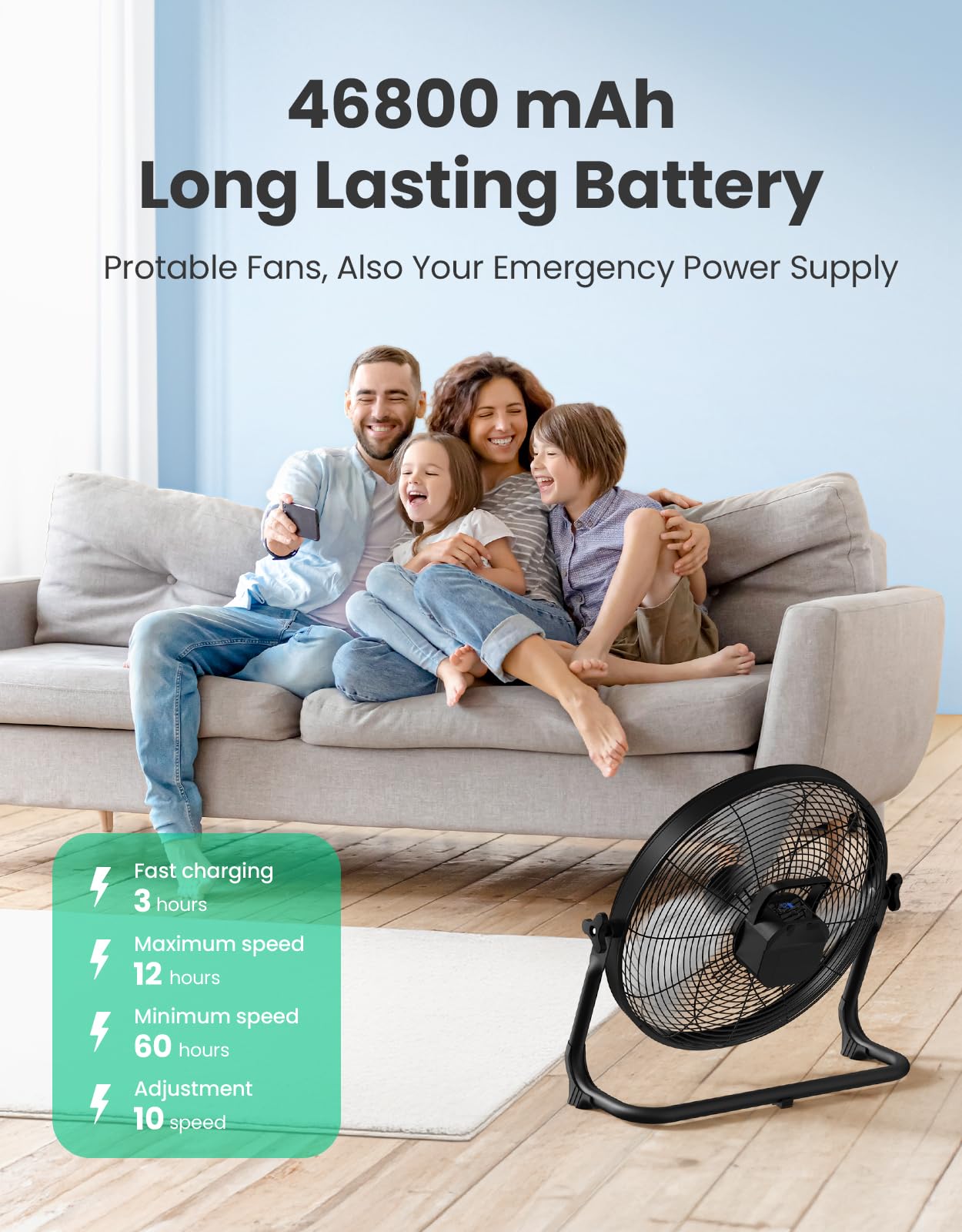 Tonree 18" Portable Battery Operated Floor Fan, Hi-Velocity Rechargeable Cordless Fan, USB Phone Charge, 12-60H Runtime, Quiet, Wireless, Hi-Airflow, For Camping Home Gym Patio Outdoor Summer Gazebo
