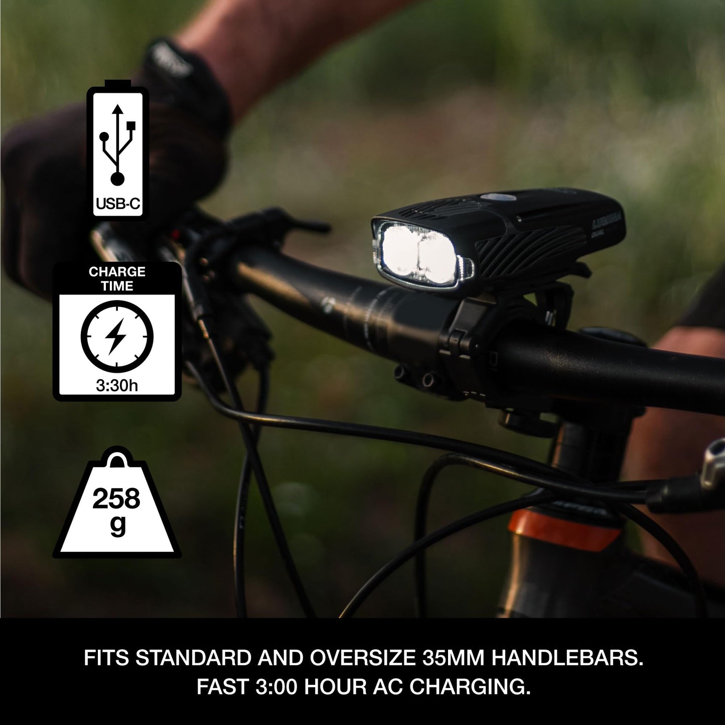 NiteRider Lumina Dual 1500 Lumen USB-C Rechargeable Dual LED Front Bike Light - 7 Modes Powerful Lumens IP64 Waterproof Bike Headlight Easy Mount Single Button Control MTB, Trail, Enduro, Road Cycling