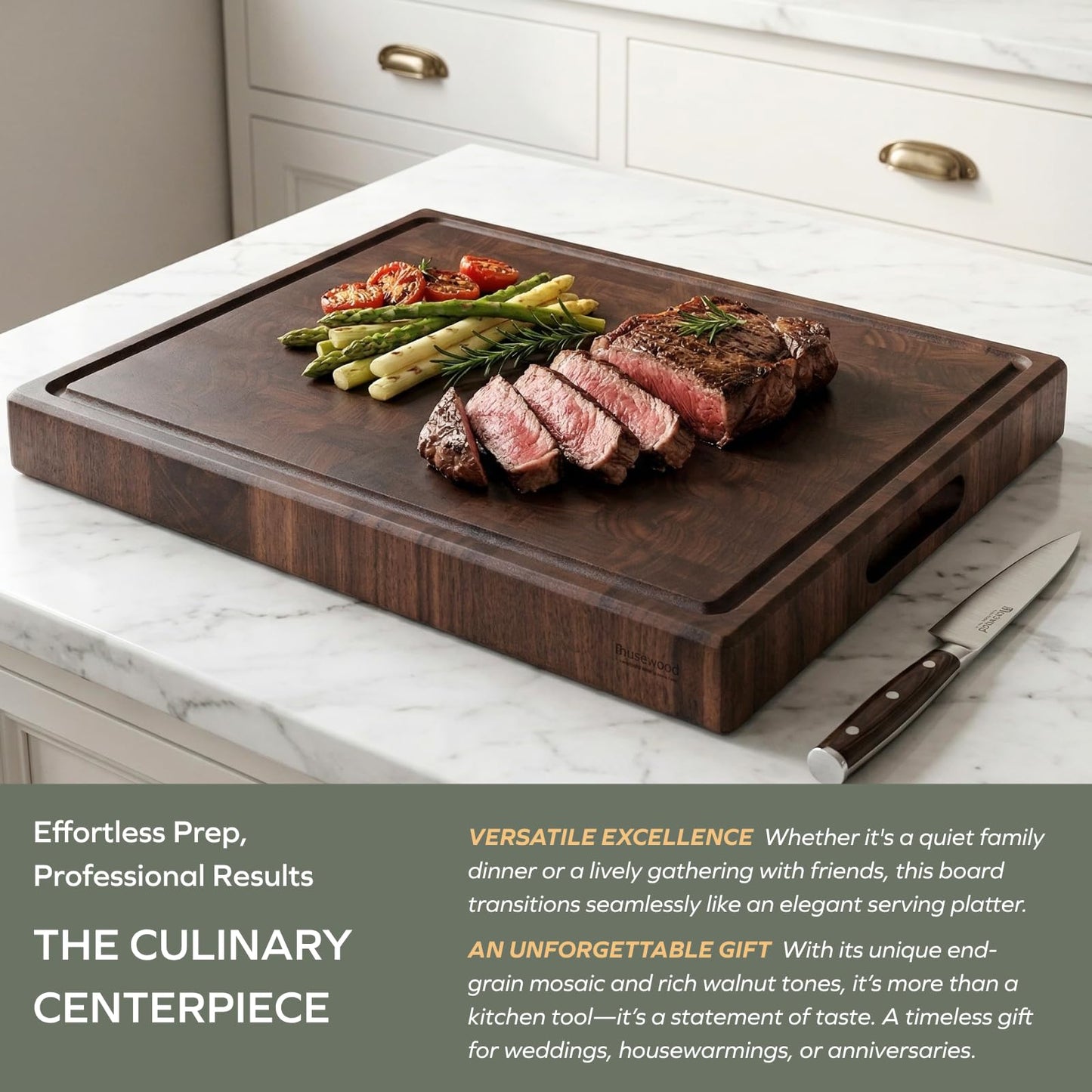 muso wood End Grain Cutting Board, Black Walnut Wood, 2" Thick Dual-Sided Wooden Chopping Board with Juice Groove & Handle - Idea for meat cutting, vegetable dicing, and fruit processing, 16 x 12 inch