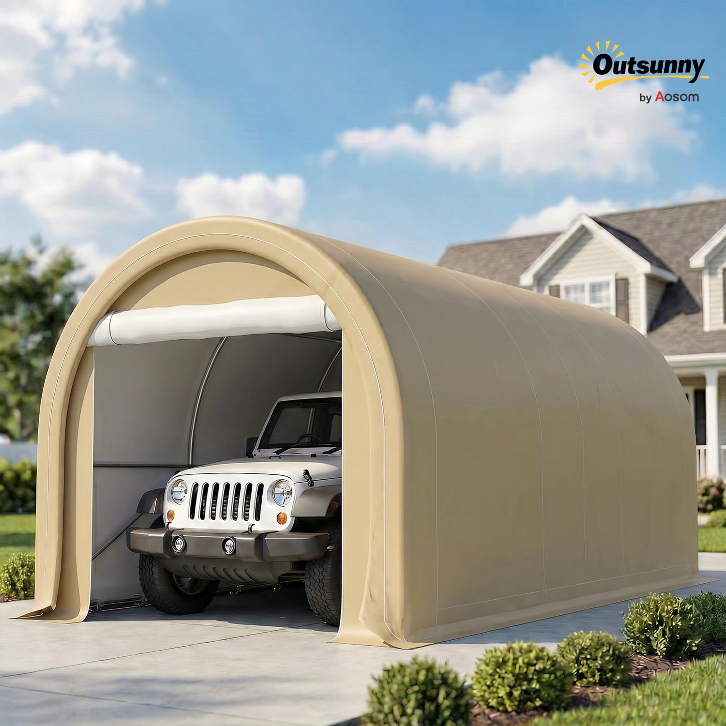 Outsunny 10' x 16' Carport, Heavy Duty Portable Garage Storage Tent with Large Zippered Door, Anti-UV PE Canopy Cover for Car, Truck, Boat, Motorcycle, Bike, Garden Tools, Outdoor Work, Beige