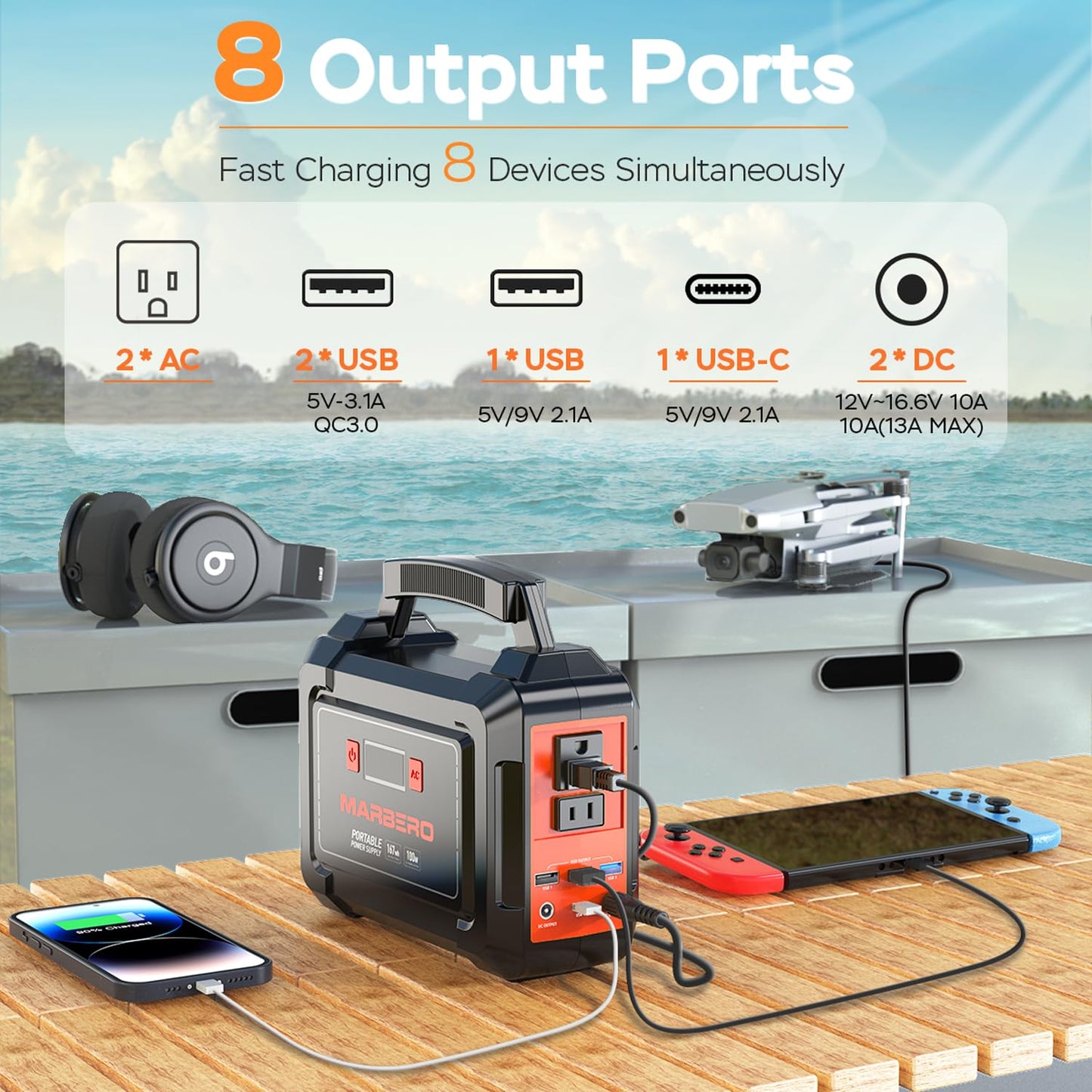 MARBERO Portable Power Station 100W Camping Solar Generator 162.8Wh Power Bank with AC Outlet 110V with Multi-Output LED Flashlights for CPAP Home Camping Hurricane Emergency