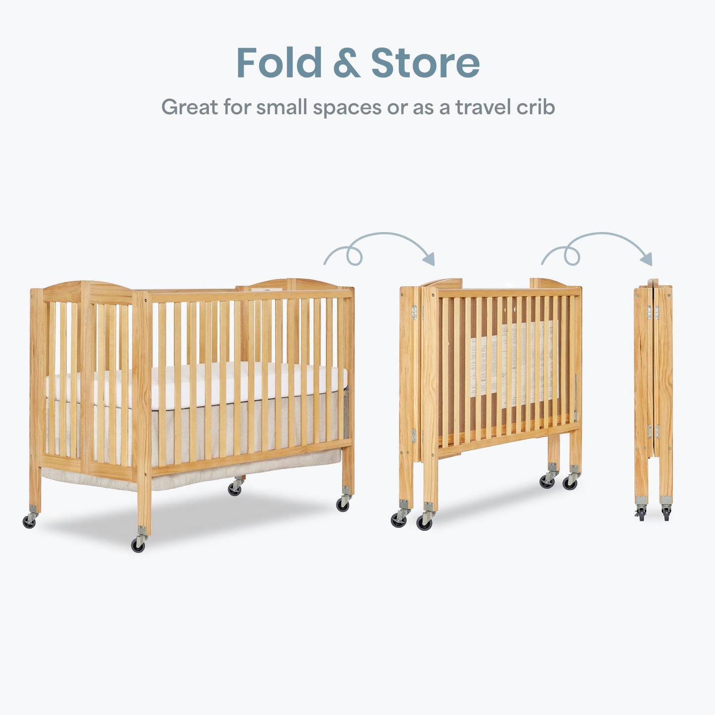 Dream On Me Folding Full Size Convenience Baby Crib with Durable Metal Wheels, Portable Space-Saving Design, 2 Adjustable Heights, Easy Fold Flat Storage, GREENGUARD Gold & BSA Certified, Natural
