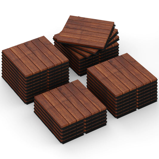 Rovibek Acacia Wood Interlocking Deck Tiles, 30PCS 12"x12" Outdoor Waterproof Decking Tiles, All Weather Use for Balcony Patio Backyard Poolside, Indoor & Outdoor, Striped Brown