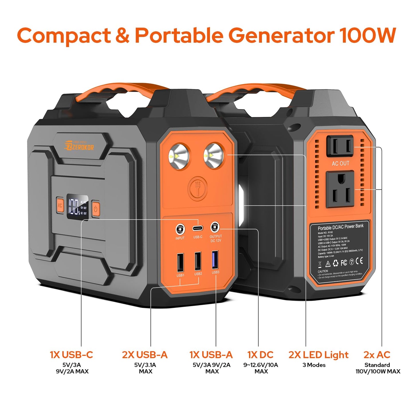 ZeroKor Portable Power Station 100W, Power Pack with 110V AC Outlet, Portable Solar Generator 146Wh External Battery with DC USB C QC3.0 for Smart Devices Camping Home RV VanLife(without Solar Panel)