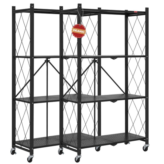DEANIC 4 Tier Foldable Storage Shelves with Wheels, Large Capacity Shelving Unit, Freestanding Metal Wire Shelf Rack, No Assembly Organizer Rack for Garage Kitchen, Basement, Pantry(Black Pack of 2)