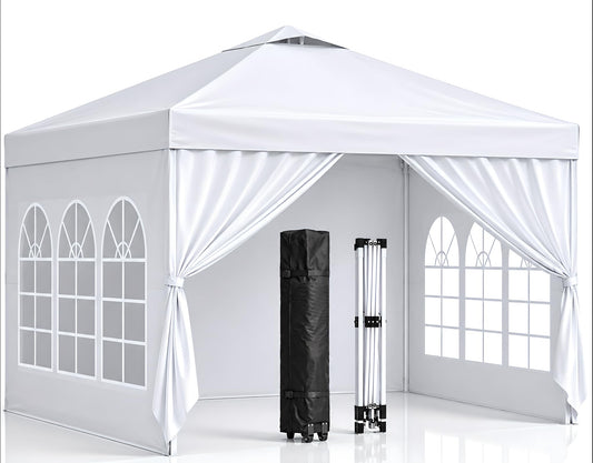 10x10 Pop Up Canopy with Sidewalls- Portable Sun Shade Beach Tent, Gazebo Heavy Duty with Cover Wheeled Bag, Ideal for Parties, Backyard, Camping (White)