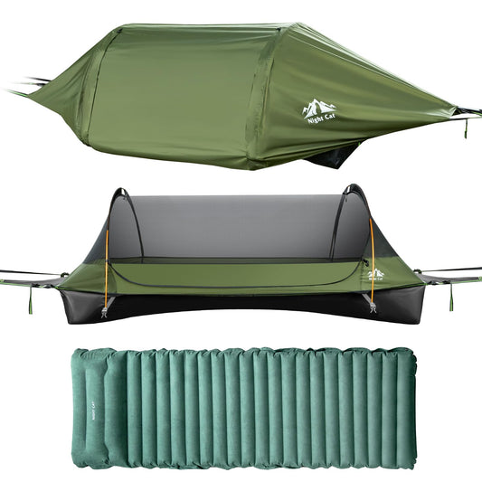 Night Cat Upgraded Flat Lay Hammock Tent Combo with Sleeping Pad Non Rolling for 1 Person Adults 330LBS 87x28x19in