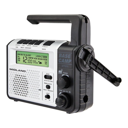 Midland® - XT511 - Emergency Radio - 22 Channel Two-Way Base Camp Radio with 5 Power Options, 121 Privacy Codes, 3-LED Flashlight & NOAA Weather Scan + Alert - Gray/Black