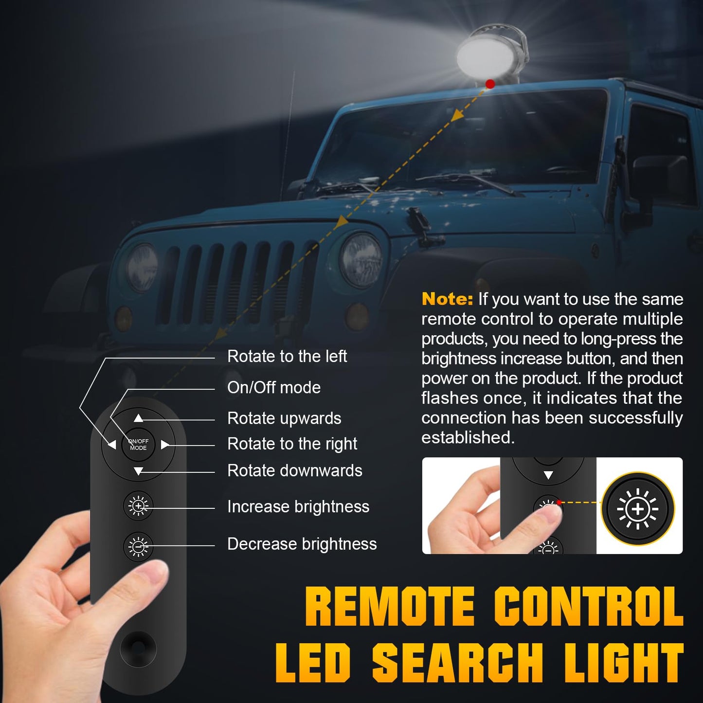 SKYWORLD 8 inch 38W LED Search Light, Portable Magnetic Base 360° Rotating Remote Control Led Work Light, 12V 24V Driving Lights Lamp for Car Off Road Truck 4x4 SUV ATV Protection Emergency Lighting