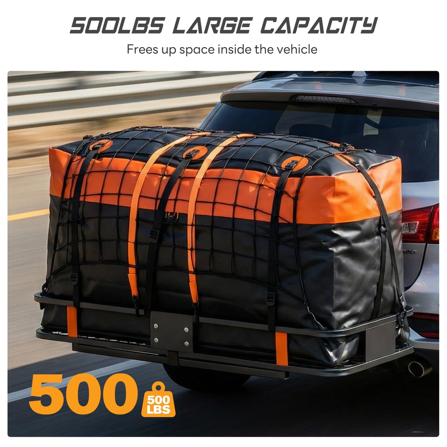 KMFurnila Folding Hitch Mount Cargo Carrier, 60.1" x 20" x 6" Steel Rack with 500 lbs Capacity, Includes Waterproof Bag, Combination Lock, Cargo Net, Straps and Hitch Stabilizer