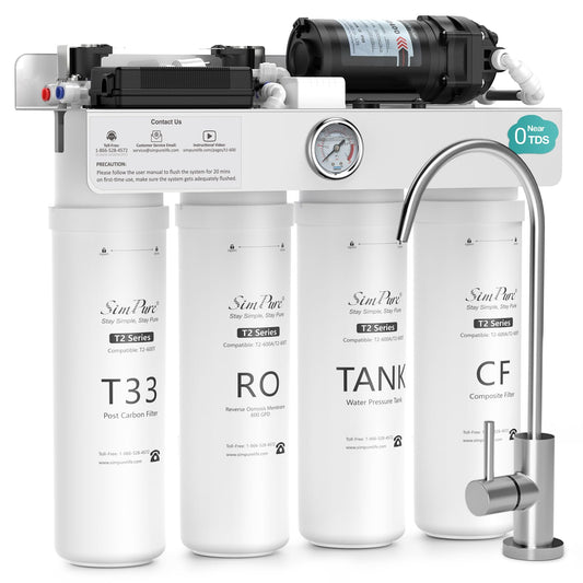 SimPure T2-600T Reverse Osmosis Water Filter System Near 0 TDS Water, NSF/ANSI 58 Certified, Built-in Pressure Tank Filter, UV, 600 GPD 8 Stage RO Filtration, 2:1 Pure to Drain Ratio