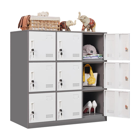 FURSTEL Student Locker Organizer, Multi-Door Steel Locker, Small Locking Cabinet Storage Organizer, Office File Cabinet, Home Locker, Gym Locker, Metal Storage Locker (9 Door, Grey & White)