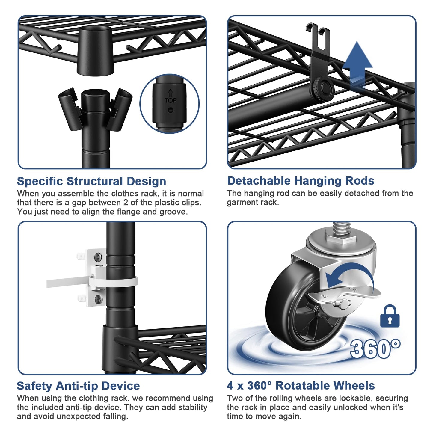 ULIFHOME P8C Pro Heavy Duty Clothes Rack（With Extended Width Design） Rolling Clothing Racks for Hanging Clothes with Lockable Wheels，42" W x 15.8" D x 80.5" H，Load 700LBS，Black Rack with Black Cover