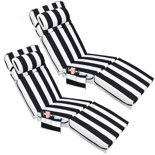 Wenqik 2 Pcs Outdoor Chaise Lounge Cushion with Pillow and Side Pocket Waterproof Lounge Chair Cushions with Pocket on Back 72 x 21 x 4 Inch Patio Replacement Pad for Pool Furniture(Black and White)