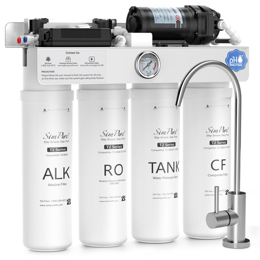 SimPure T2-600A Reverse Osmosis Water Filter System Alkaline Water, NSF/ANSI 58 Certified, Built-in Pressure Tank Filter, UV, 600 GPD 8 Stage RO Filtration with Mineral, 2:1 Pure to Drain Ratio