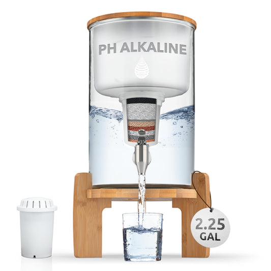 Invigorated Water pH Recharge Glass Alkaline Water Dispenser Filter System - Countertop Purifier Pitcher for Home and Office - High pH Pure Drinking Water Filtration - 36 Cups (Bamboo Classic Set)