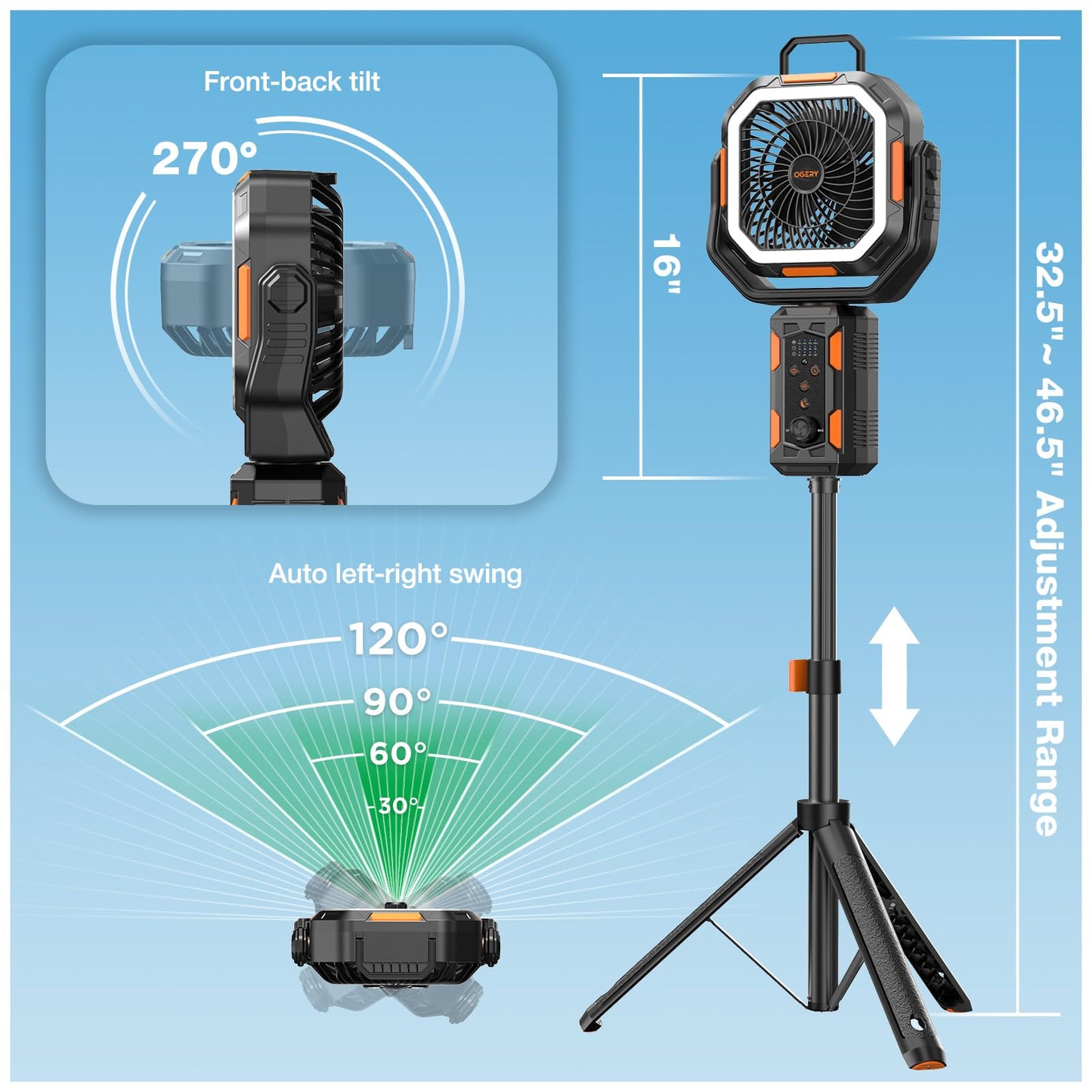 OGERY Portable Camping Fan with Adjustable Height Stand, 30000mAh Battery Powered Fan with Remote, LED Light, Auto Oscillation for Tent, RV, Bedroom, Travel – Floor & Desk Fan
