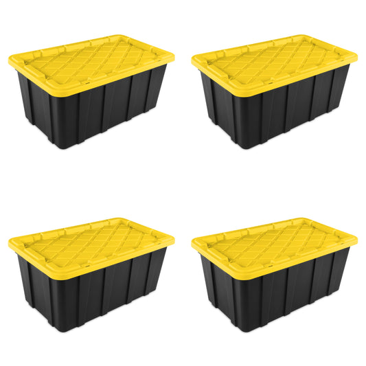 Sterilite 38 Gal Industrial Tote, Stackable Storage Bin with Snap-Fit Lid for Garage, Basement & Attic Storage, Black Base and Yellow Lily Lid, 4-Pack
