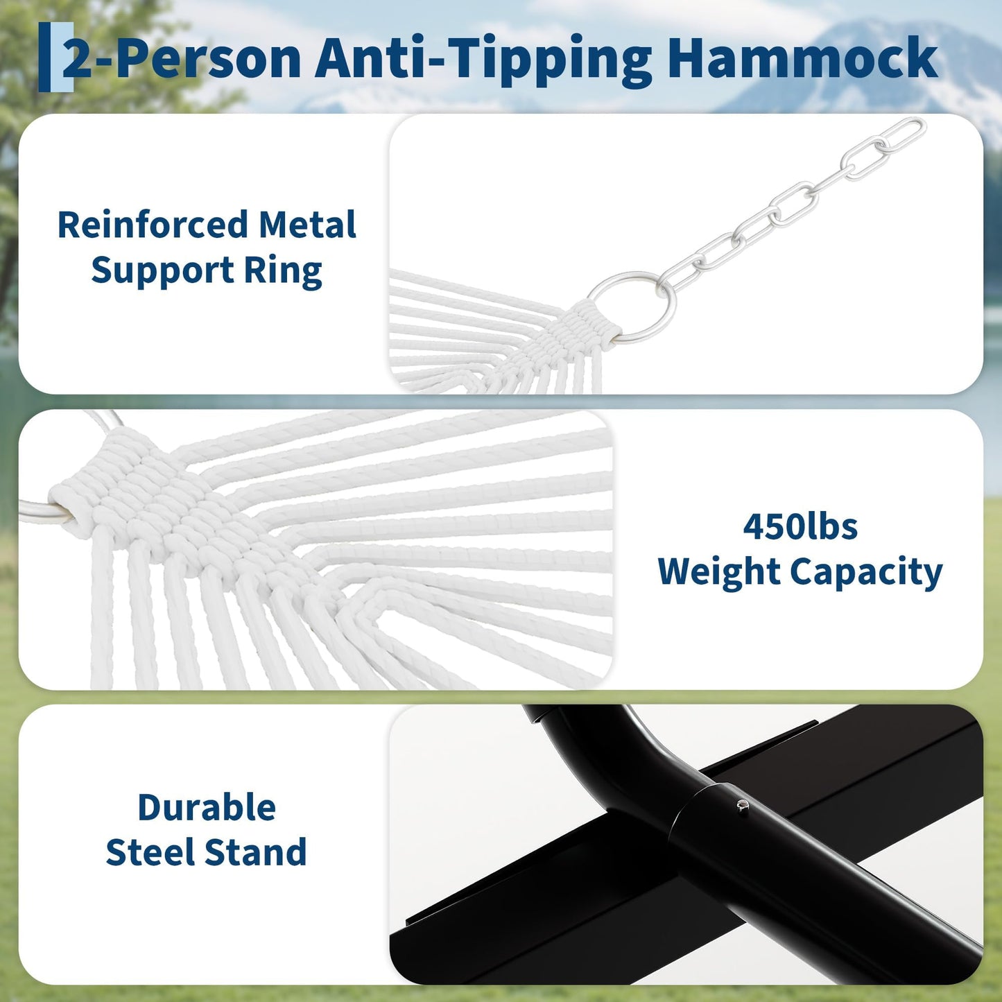 Double Hammock with Stand for Outdoor Use – 2-Person Portable Hammock with Curved Spreader Bar & Balance Ropes, Heavy Duty 450 LBS Capacity for Backyard, Patio & Camping, Green
