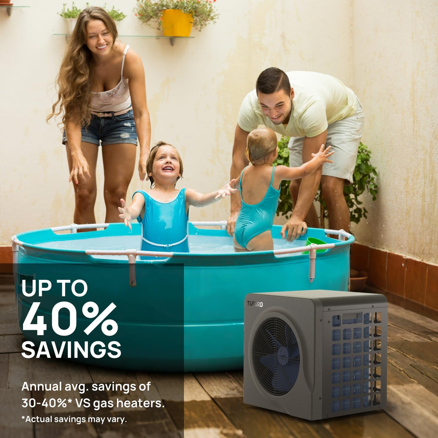 TURBRO 18,000 BTU Swimming Pool Heat Pump, Electric Pool Heater for Above-Ground Pools and Spas up to 6,000 Gallons, Titanium Heat Exchanger, 5.5 COP, IPX4-Waterproof, 110-120V, Manatee M18