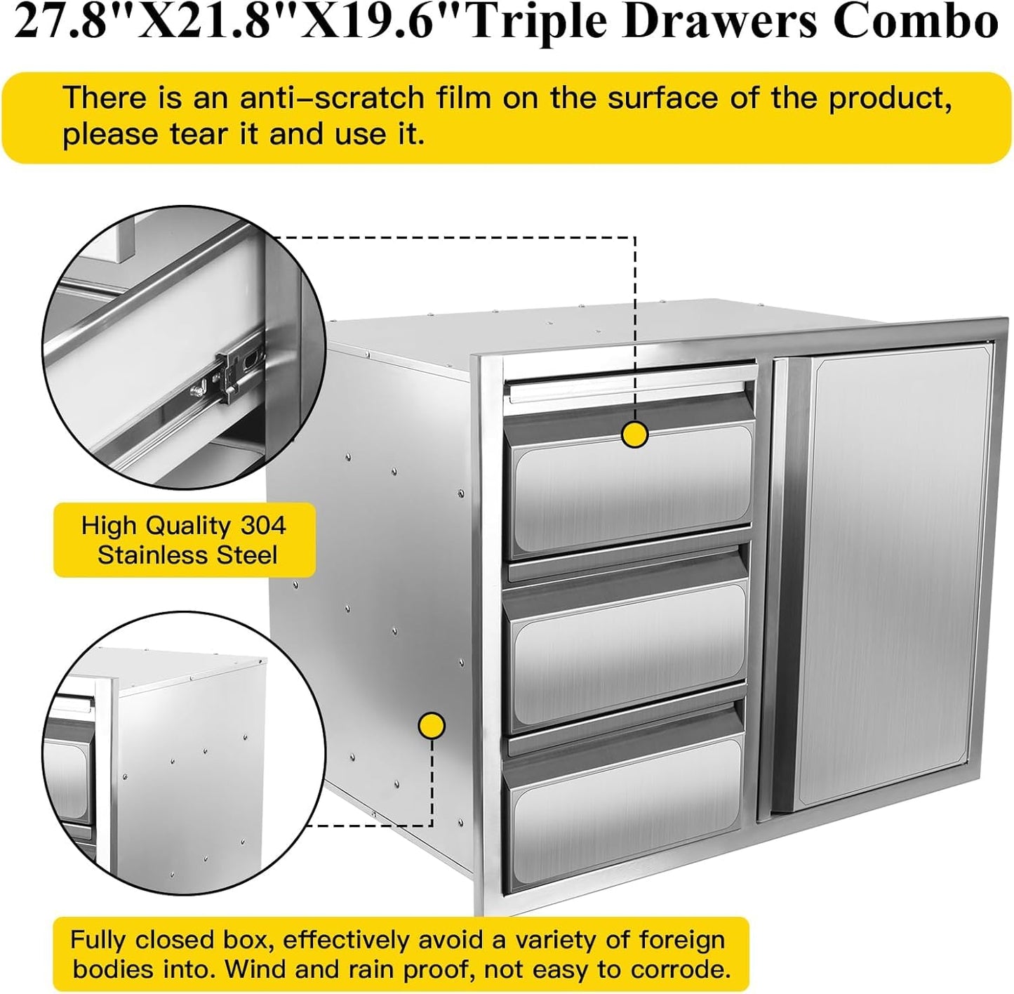 Outdoor Kitchen Drawer Combo, Stainless Steel Sealed Storage Combo with Triple Drawers, Outdoor Kitchen for BBQ Island, Grilling Station, Outside Cabinet (27.8" W x 21.8"D x 19.6" H)（Left Drawer）