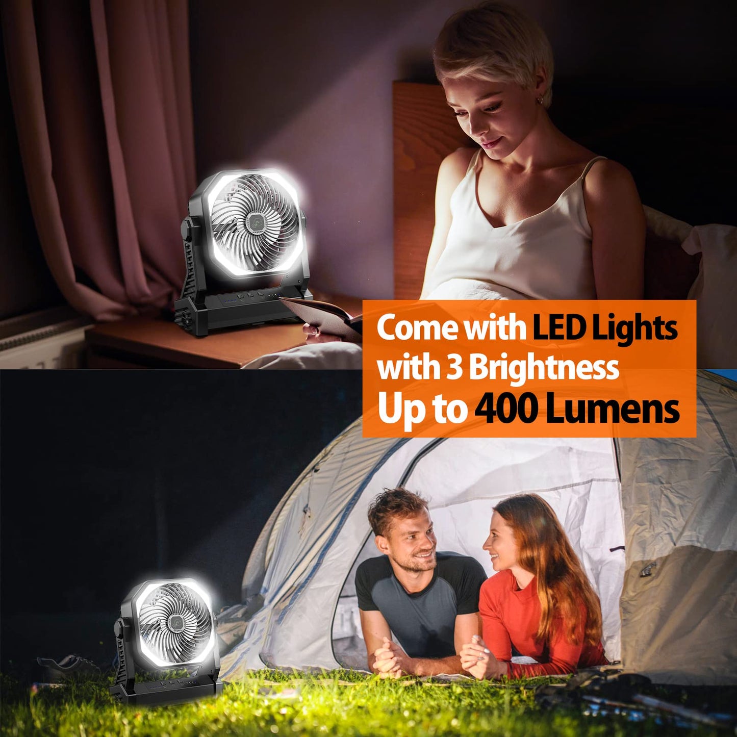 AddAcc 40000mAh Battery Operated Camping Fan & Portable Rechargeable Desk/Camping Fan with Light and Hook