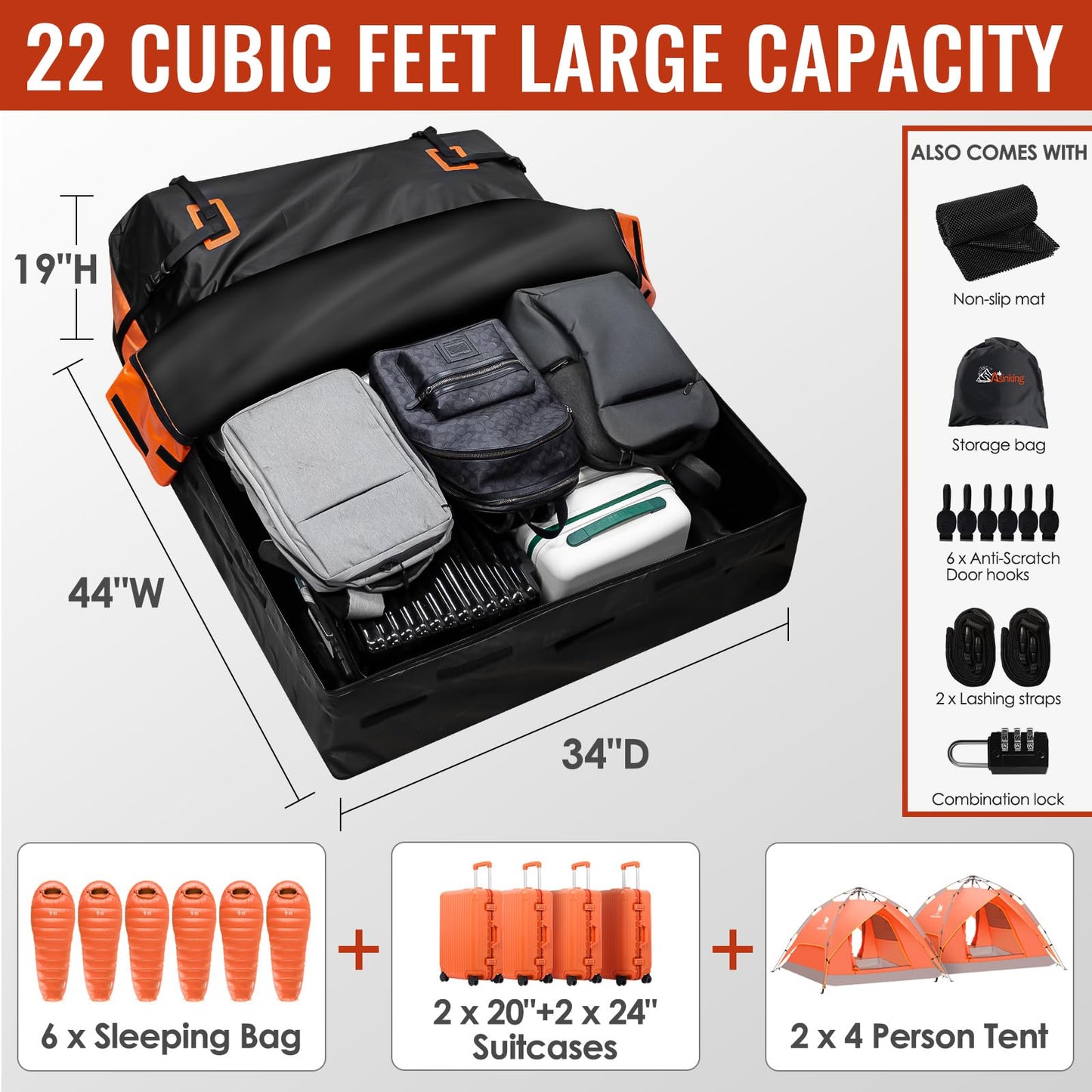 Car Rooftop Cargo Carrier Bag, Asinking 22 Cubic Feet Waterproof Tear-Resistant Car Roof Bag for All Vehicle with/Without Racks - Non-Slip Mat, 6 Door Hooks, 2 Extra Straps, Luggage Lock