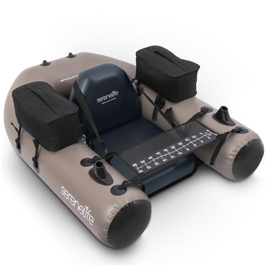 Serenelife Inflatable Fishing Float Tube – PVC Belly Boat for Angling with Fishing Rod Holders, 2 Waterproof Storage Pockets, Fish Ruler, 220 lbs Capacity
