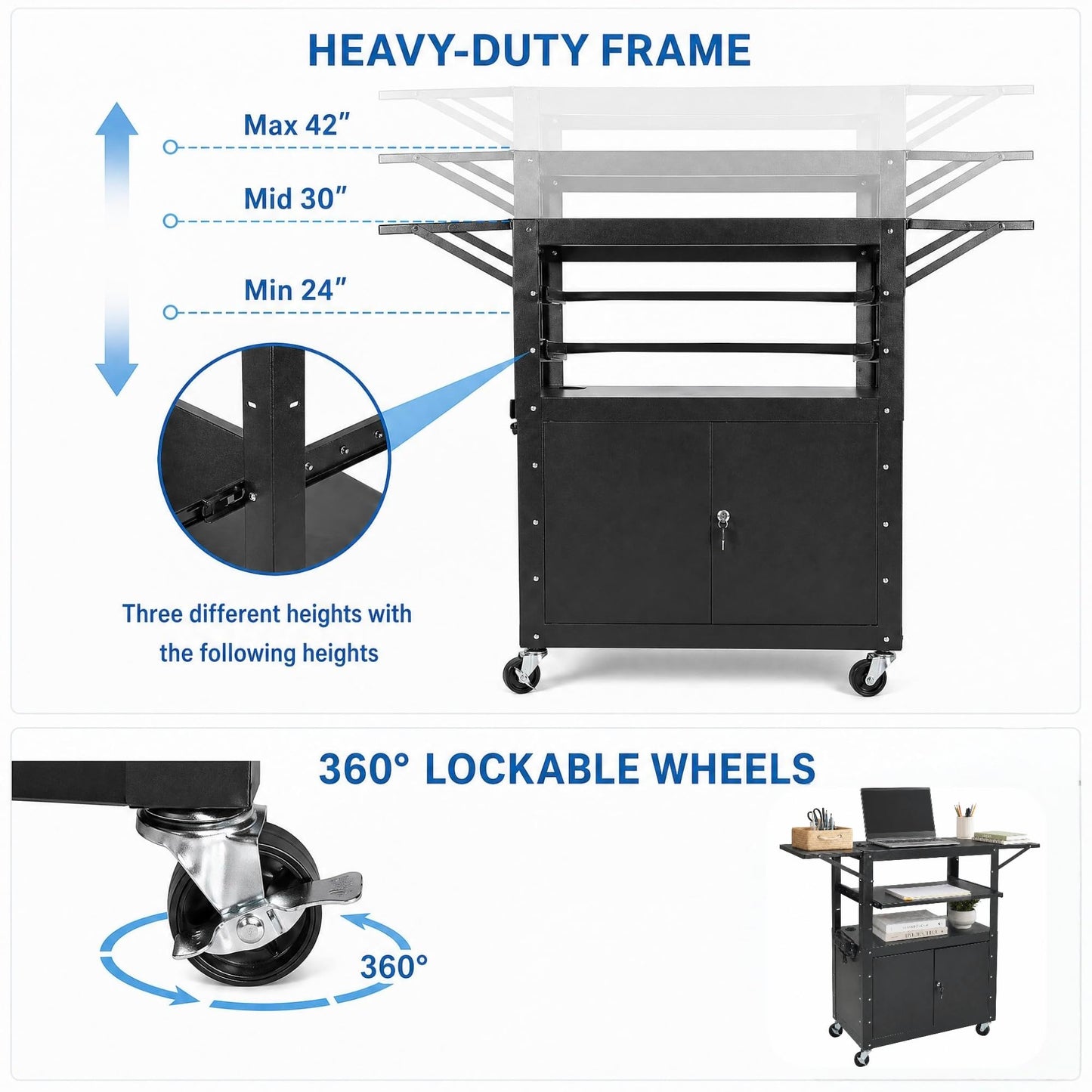 Mobile AV Cart with Lockable Cabinet, Adjustable Height Laptop Stand with Extension Rack, Drop Leaf Workstation, Extra Storage Space, Power Strip Included, Rolling Utility Cart