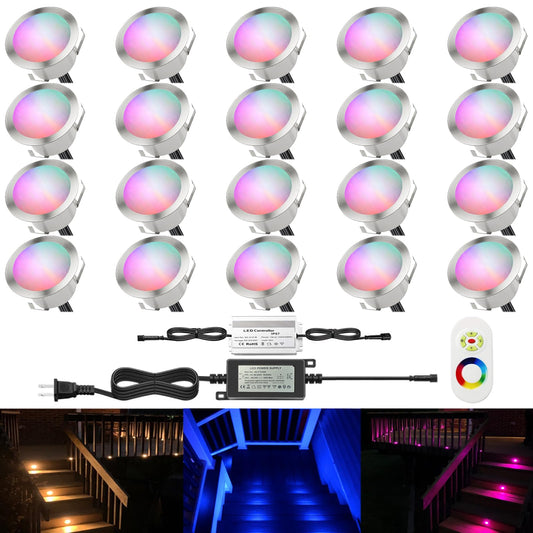 CHNXU LED Outdoor Deck Lights Kits, Φ1.77in RGB 20 Pack Silver, Low Voltage 12 Volt DC IP67 Waterproof, Multi Color Changing Remote Dimmable, Recessed Stair Step Landscape Lighting