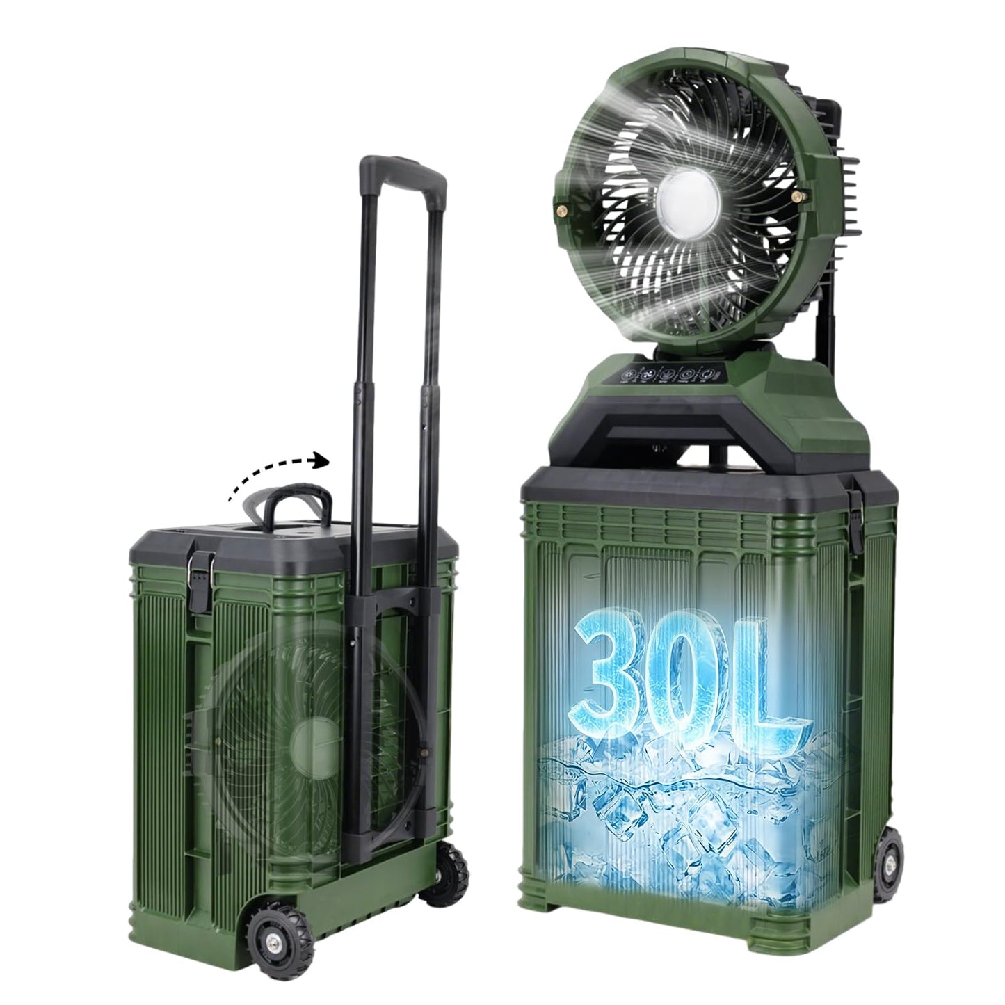 ZMLBTF 30L Portable Misting Fan, Bucket Rolling Mist Fan, 30000mAh Rechargeable Outdoor Cooling Fan with Remote, 4 Speeds, 3-Speed Light, for Patio, Camping, Sports, Outside & Travel(Green)