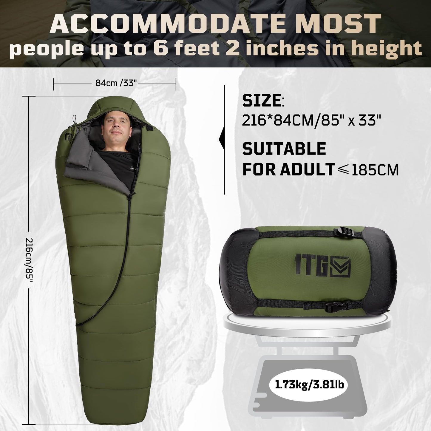 Mummy Sleeping Bag for Adults, 25℉-36℉ Cold Weather Backpacking Sleeping Bag, Lightweight 3-4 Season Winter Camp Bag with Adjustable Hood & Compression Sack, Machine Washable