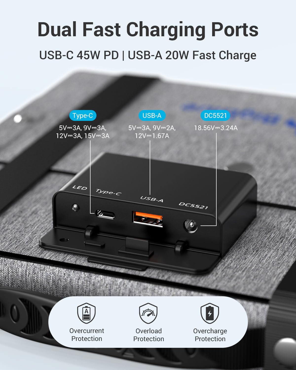 BigBlue 60W Portable Solar Panels with PD 45W USB-C, 20W USB-A, DC Port for Power Station, Phone, Power Bank, Tablet, IP68 Waterproof Foldable Solar Charger with Kickstand for Camping, RV, Emergency