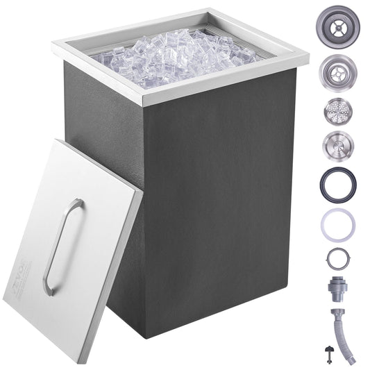 VEVOR Drop in Ice Chest, 14" L x 12" W x 18" H Stainless Steel Ice Cooler, Commercial Ice Bin with Cover, 40 qt Outdoor Kitchen Ice Bar, Drain-Pipe and Drain Plug Included, for Cold Wine Beer