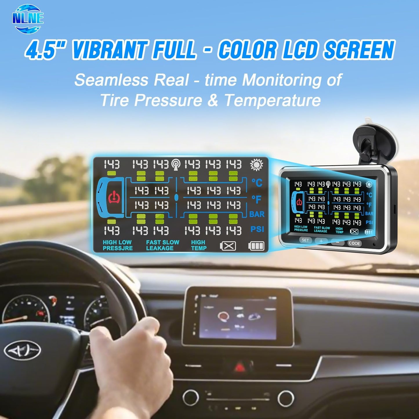NLNE Trailer Tire Pressure Monitoring System 8 Sensors, 4.5" RV TPMS with Flow Through Sensor,6 Alerts Modes Monitor for Semi Truck/Camper/5th Wheel,Motorhome,Signal Booster,0-188PSI(4-22 Sensors)