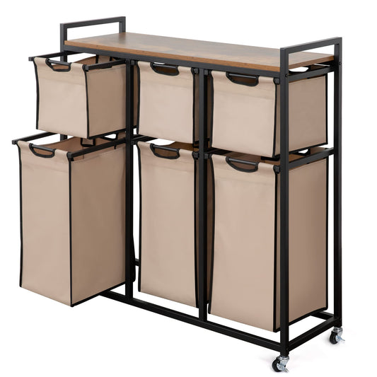 Suntage Laundry Basket Organizer, Hampers for Laundry 6 Compartments, Laundry Hamper with 6 Sliding Laundry Sorter Bags, Top Storage Shelf, and Metal Frame (6 Compartments)