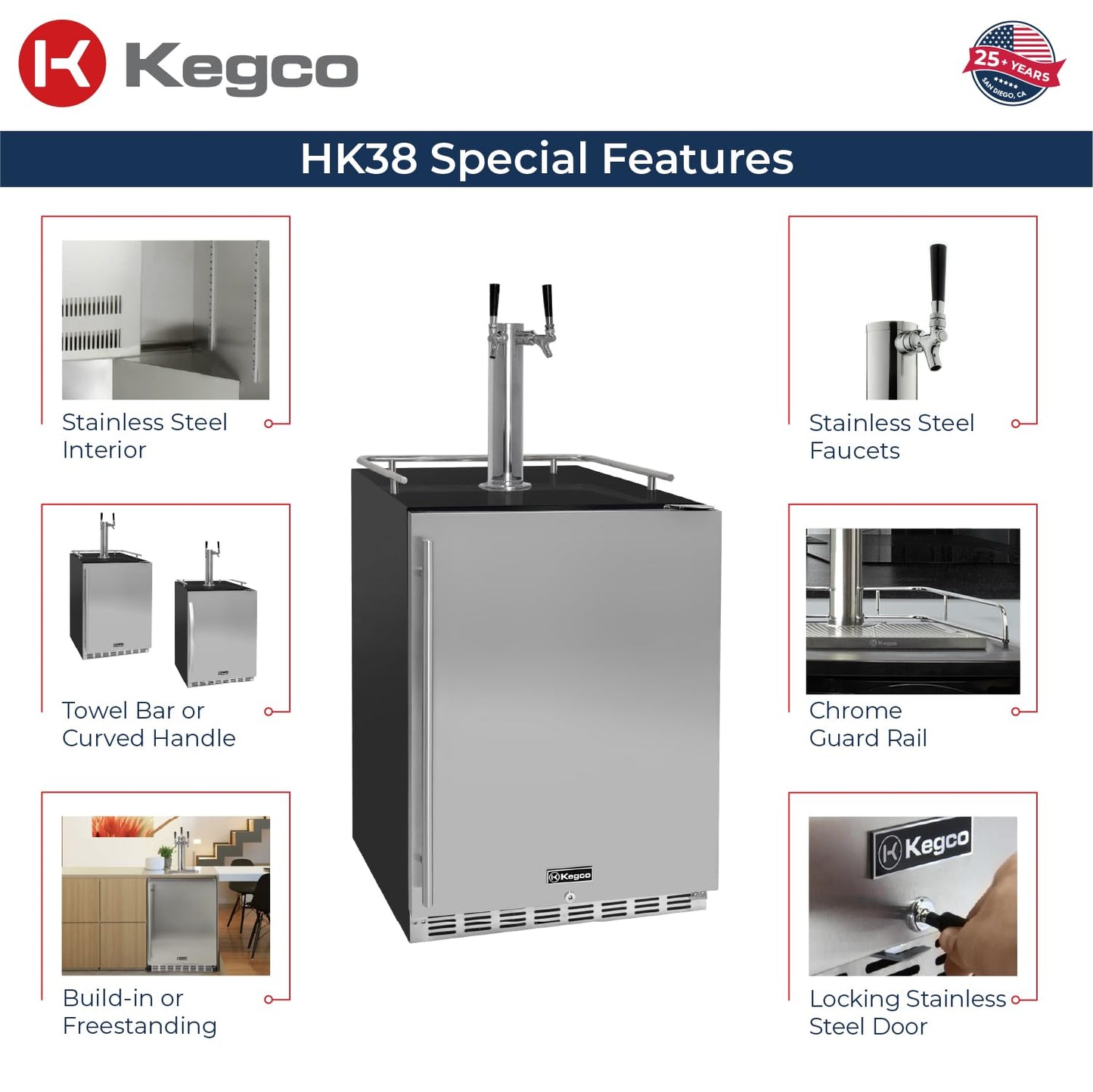 Kegco Kegerator 24" Wide Dual Tap Black/Stainless Steel Undercounter Beer Dispenser HK38BSU-2