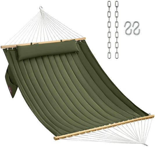 CHULIM Double Quilted Fabric Hammock with Hardwood Spreader Bars and Pillow 450 LBS Capacity 2 Person Large Hammock for Outdoor Patio Backyard Poolside - Green