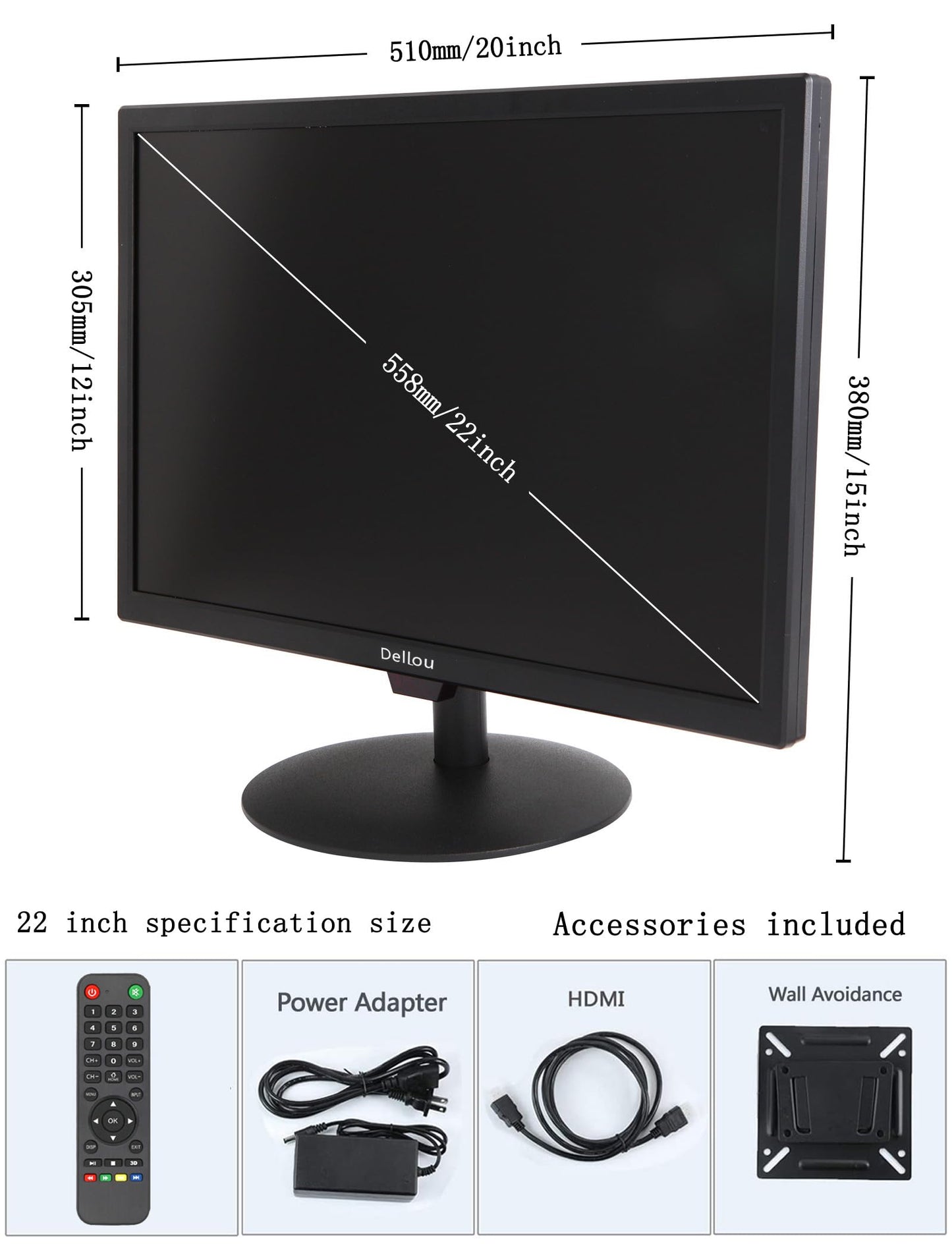 Elweyoo 22 inch Monitoring LCD Display Security Camera Monitor Multifunction Interface HDMI, AV, BNC, VGA, USB, PC Input CCTV Computer Monitor Built-in Speaker 1920x1080 Full HD, Black