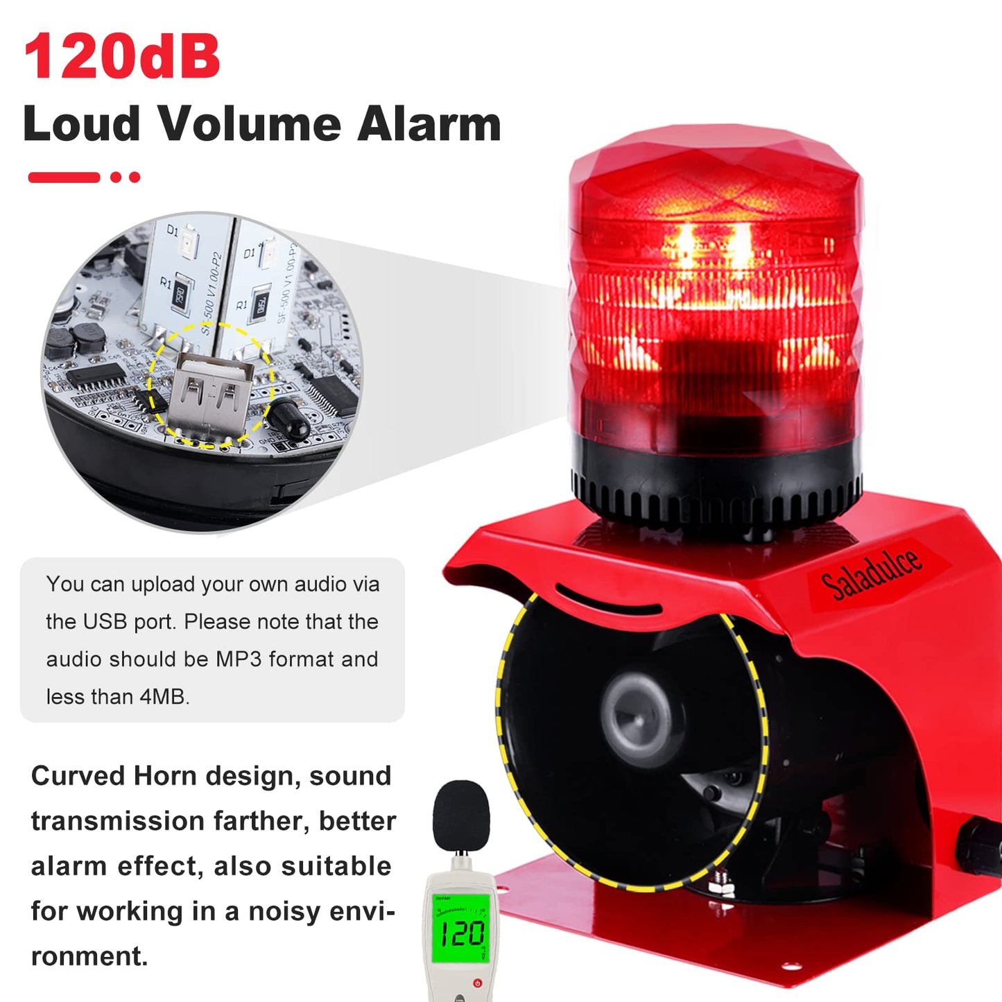 Industrial Strobe Alarm Outdoor Alarm Siren and Strobe SF512 Emergency Warning Light Alarm 120dB with Remotes (AC110V) (AC 110V Without Plug)
